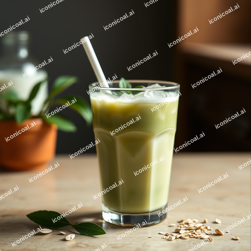 Iced Matcha Latte In Glass With Oat Milk Refreshing