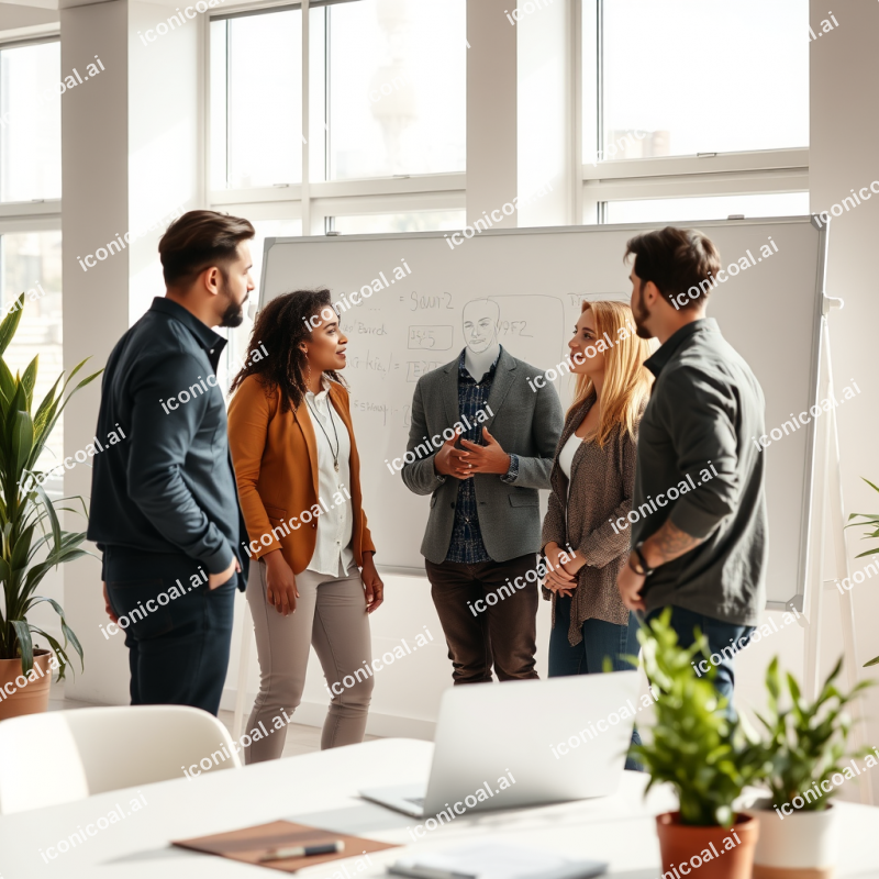 Diverse Team Collaborating At Whiteboard In Modern Bright...