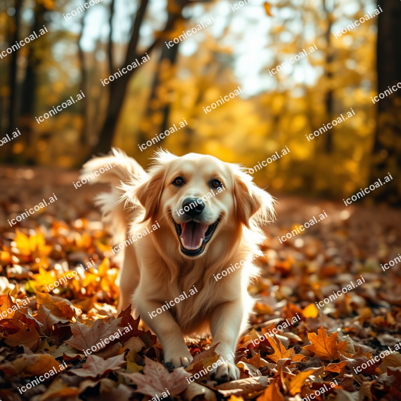 Golden Retriever Playing In Autumn Leaves
