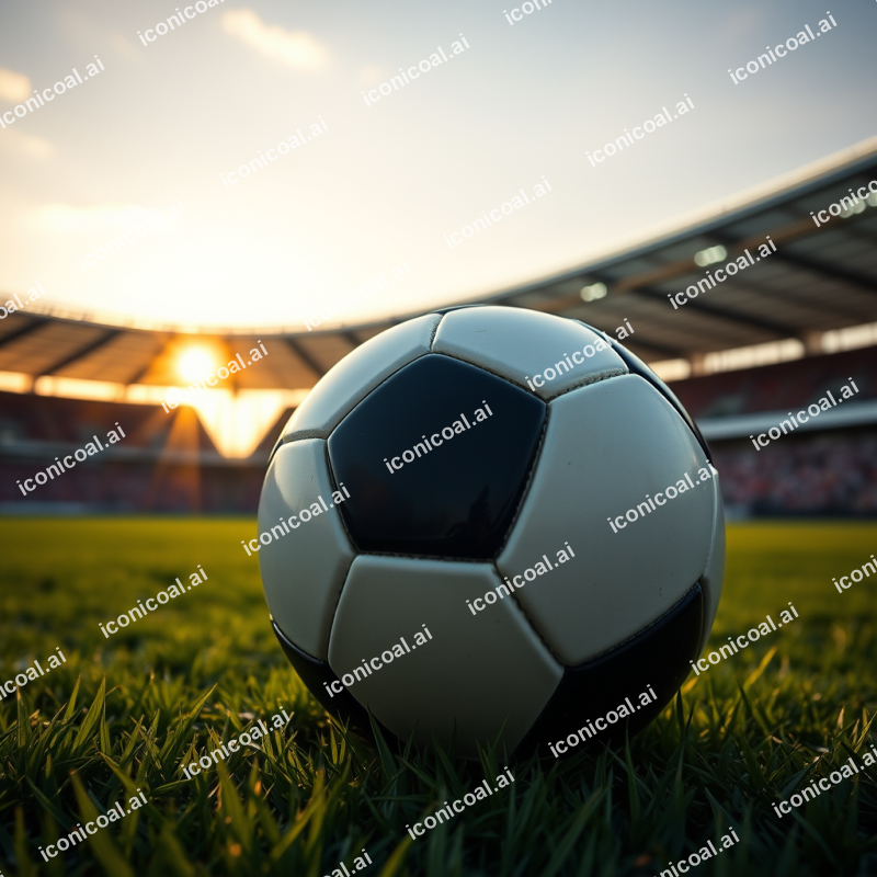 Soccer Ball On Grass Field With Stadium Sunset