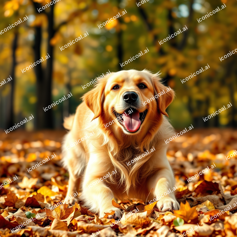 Golden Retriever Playing In Autumn Leaves