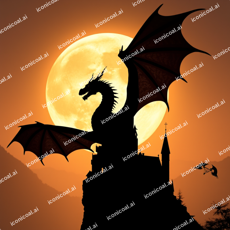 Dragon Silhouette Against Full Moon Castle Fantasy Scene