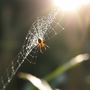 Dew-covered Spider Silk Catching Morning Sunlight