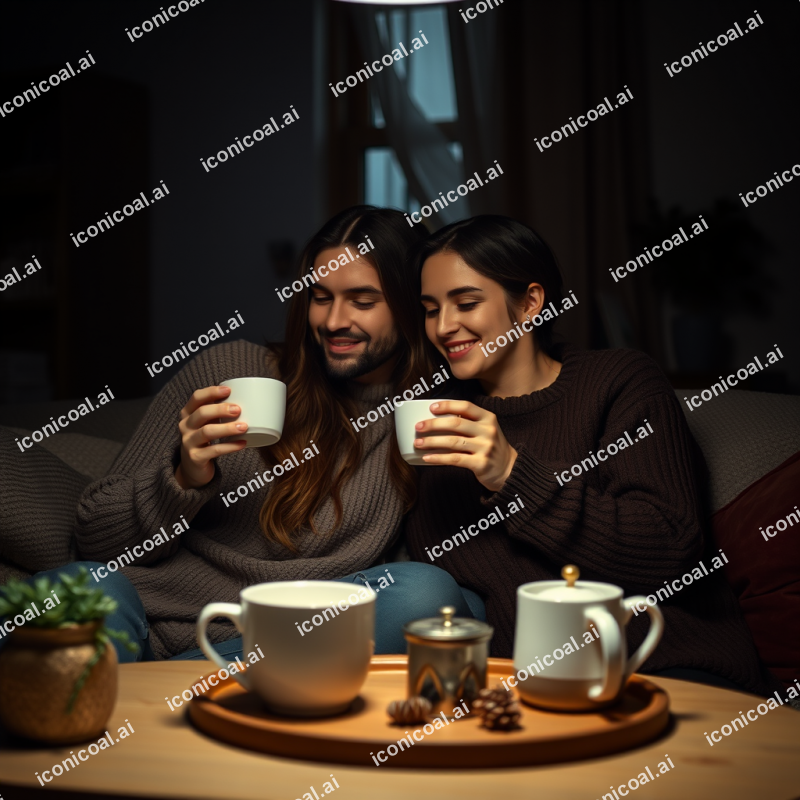 Couple Enjoying Morning Coffee Together Cozy Home Moment