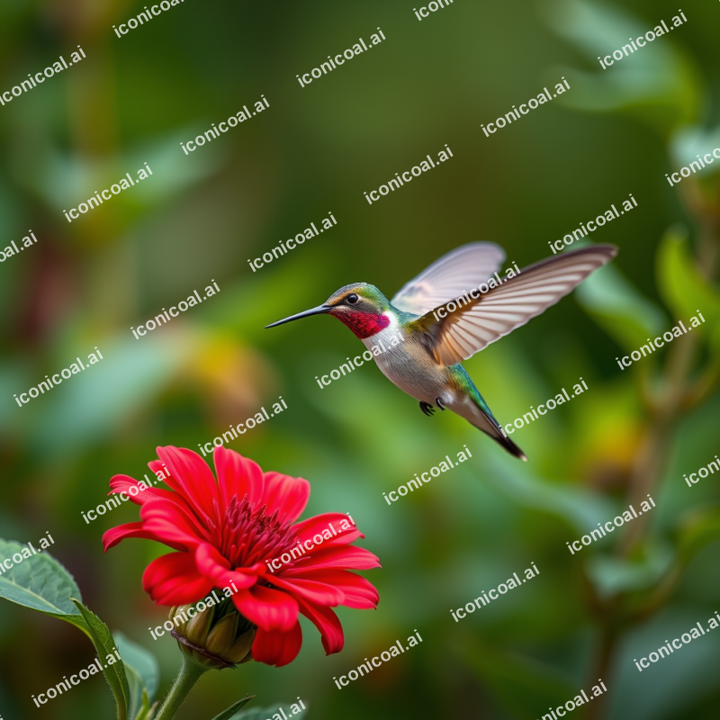 Hummingbird Hovering At Vibrant Red Flower