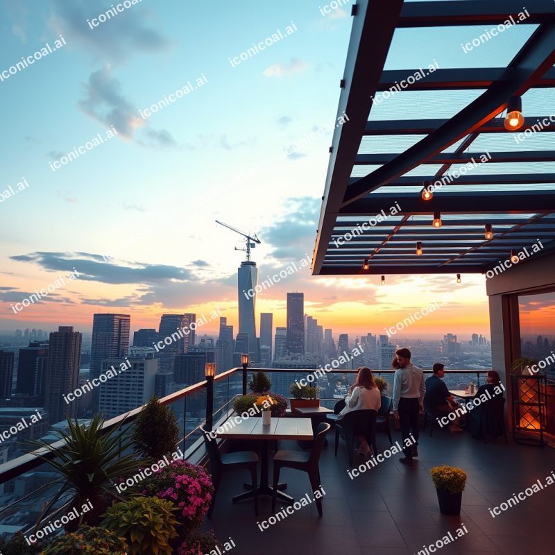 Rooftop Garden Terrace Overlooking City Skyline At Dusk