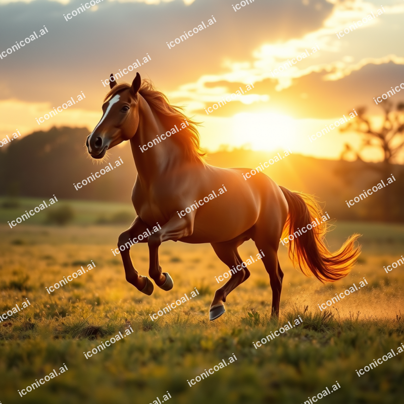 Horse Running Free In Open Meadow At Golden Hour