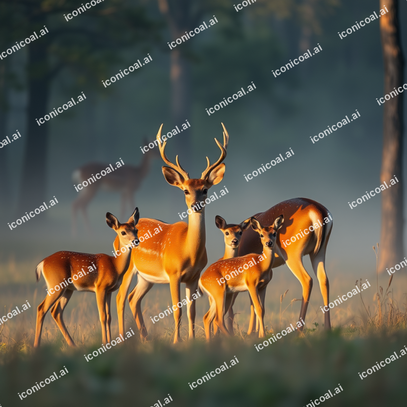 Deer Family In Morning Forest Mist