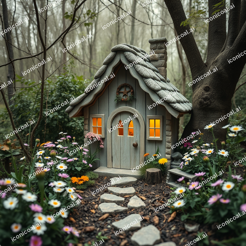 Fairy Cottage In Mystical Woodland With Flowers Whimsical