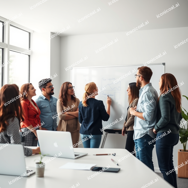 Diverse Team Collaborating At Whiteboard In Modern Bright...