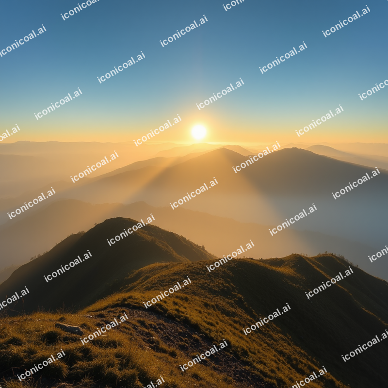 Misty Mountain Sunrise With Layers Of Peaks Golden Light