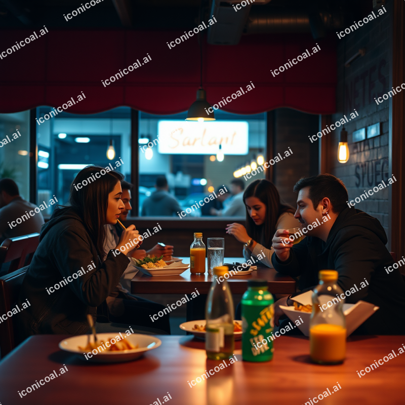Startup Team Working Late With Takeout Food Casual Atmosp...
