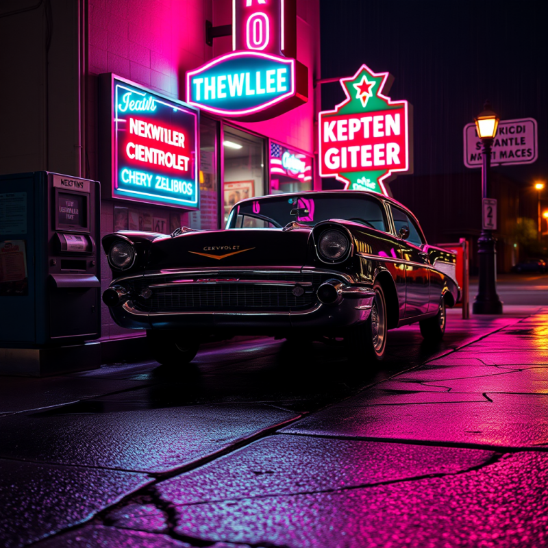 1957 Chevrolet Bel Air Parked at a Rain-slicked Curb Un...