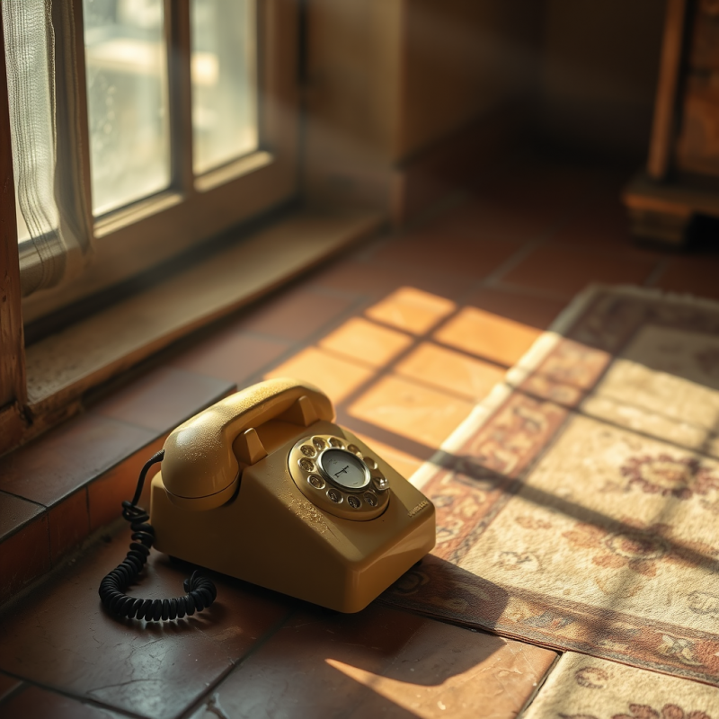 1960s Rotary Telephone Rests Diagonally on a Cracked Te...