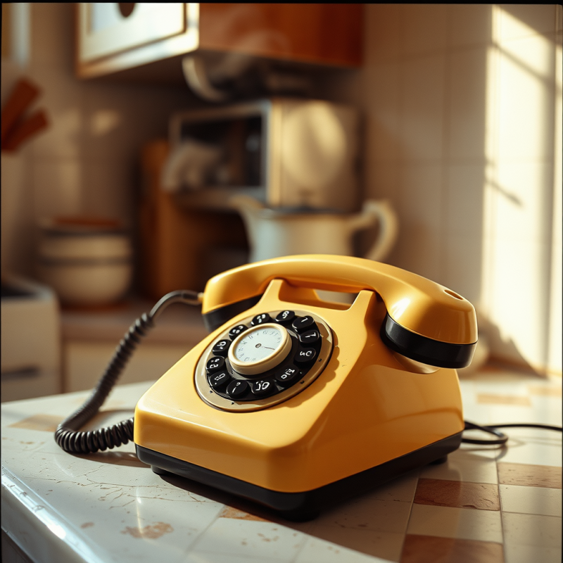 1960s Vintage Rotary Phone Resting on a Chipped Formica...