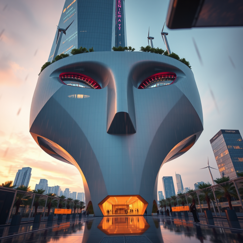 3d-rendered Futuristic Face-shaped Tower at Dusk