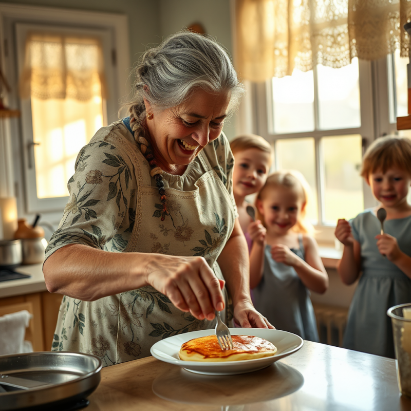 65-year-old Woman with Silver Braids and a Faded Floral...