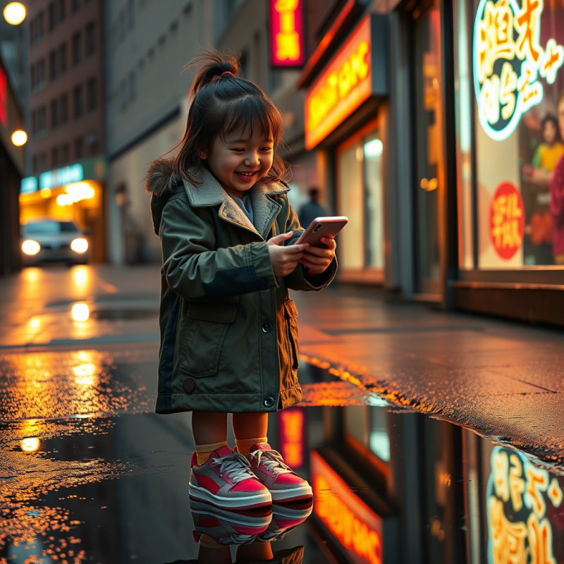 7-year-old Girl in a Rain-slicked City Alley at Golden ...