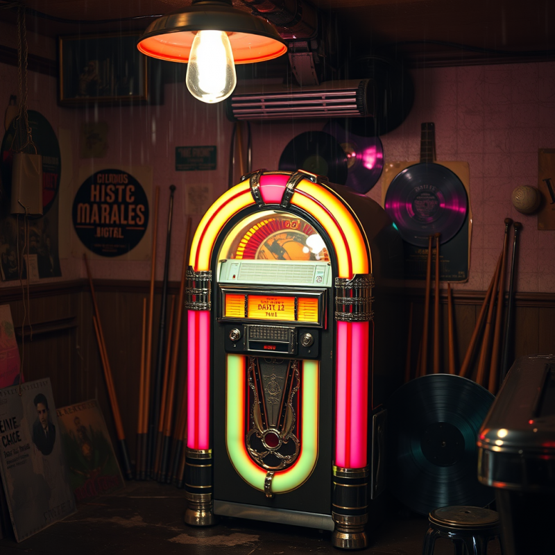 Neon Jukebox in Retro Music Room