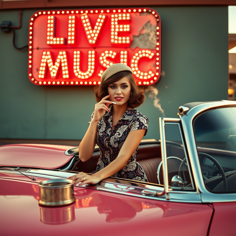Woman in Vintage Car Near Live Music Sign