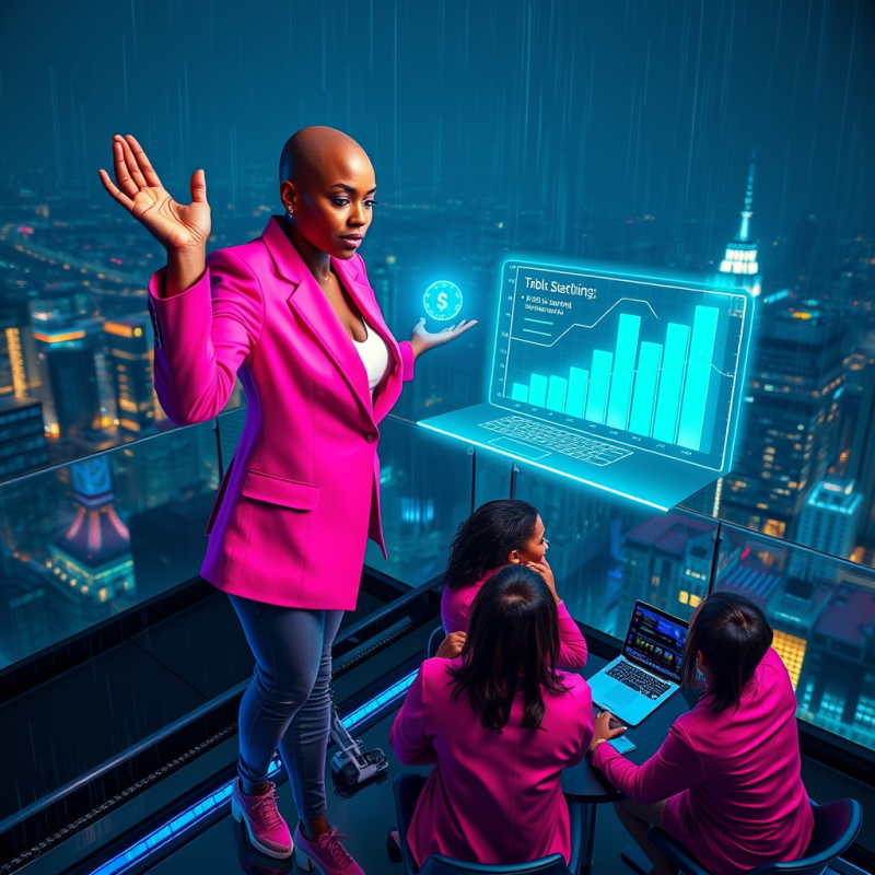 Businesswoman Presenting Data in Rainy City