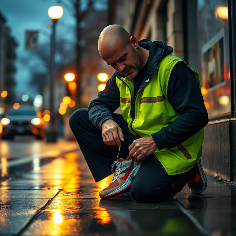 Man Adjusting Shoes on Wet Street