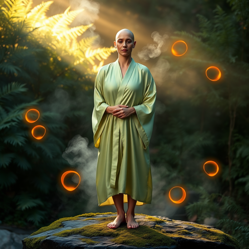 Bald Woman in Green Robe Standing in Forest