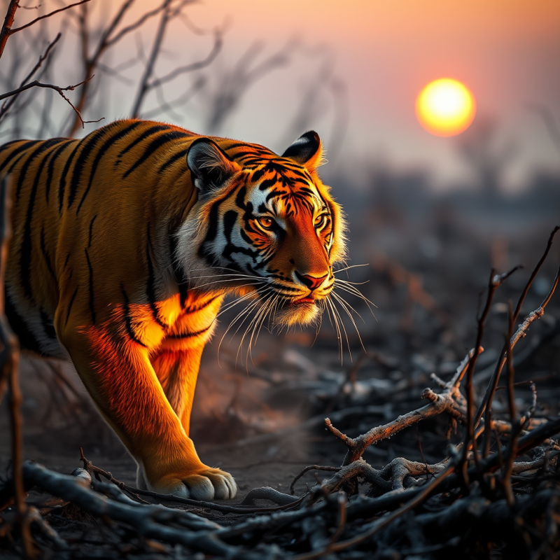 Tiger Walking Through Sunset Woods