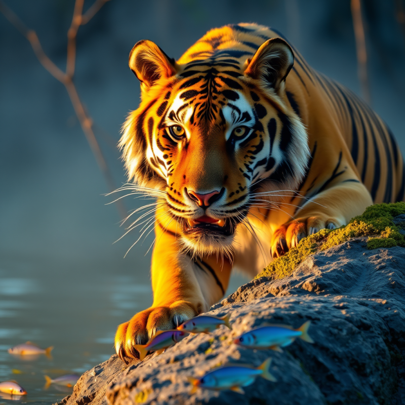 Tiger Preying on Fish