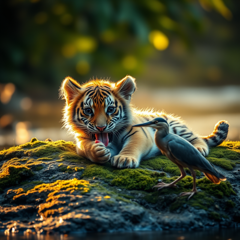 Cute Tiger Cub with Bird on Mossy Rock