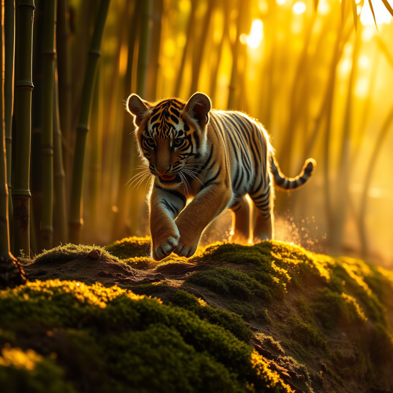 Tiger Cub Leaping Through Bamboo