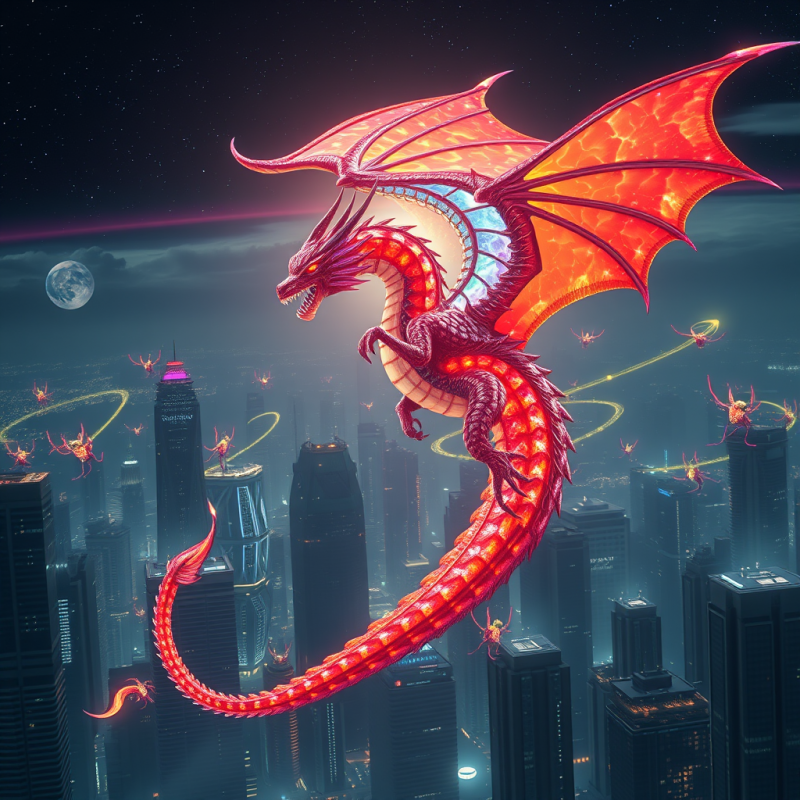 Glowing Red Dragon Over Cityscape