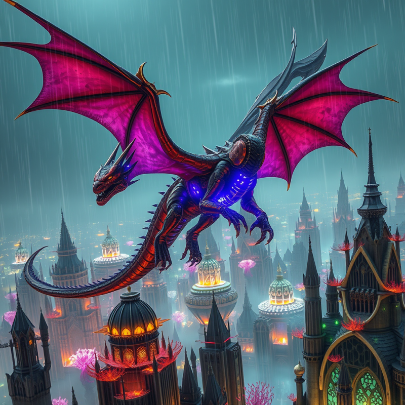 Glowing Dragon Soars Over Fantasy City