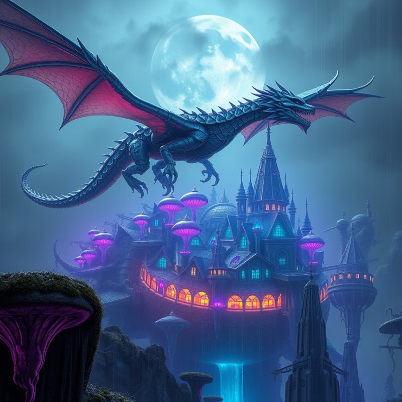 Dragon Soaring Over Fantasy Castle