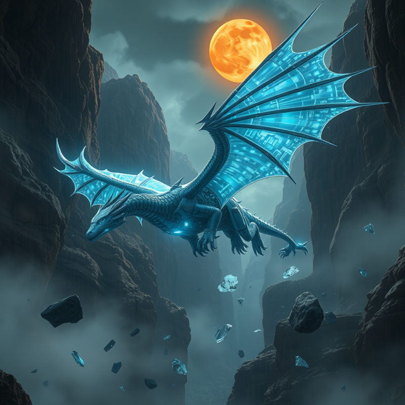 Cyber Dragon Soaring Under Orange Moon