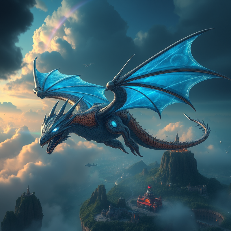 Glowing Blue Dragon Soaring Over Fantasy City