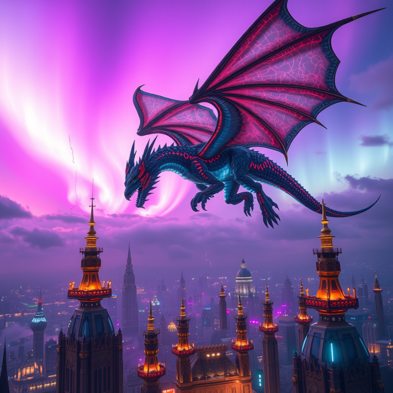 Glowing Dragon Soaring Over City