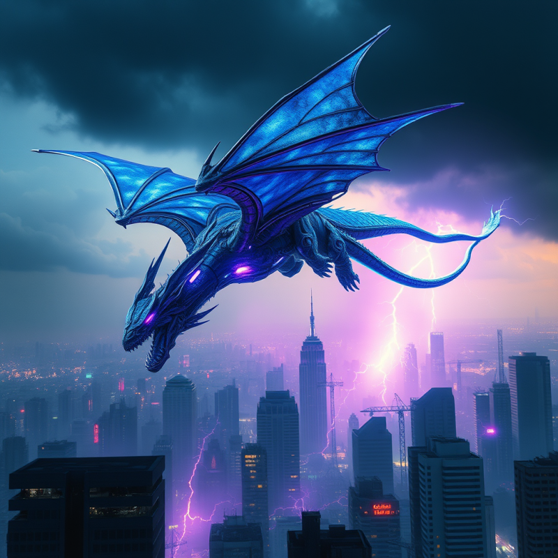Blue Dragon Soaring Over Neon City