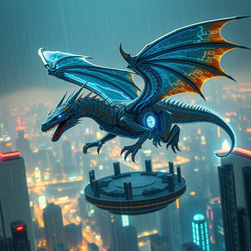 Cyber Dragon Soaring Over Neon City