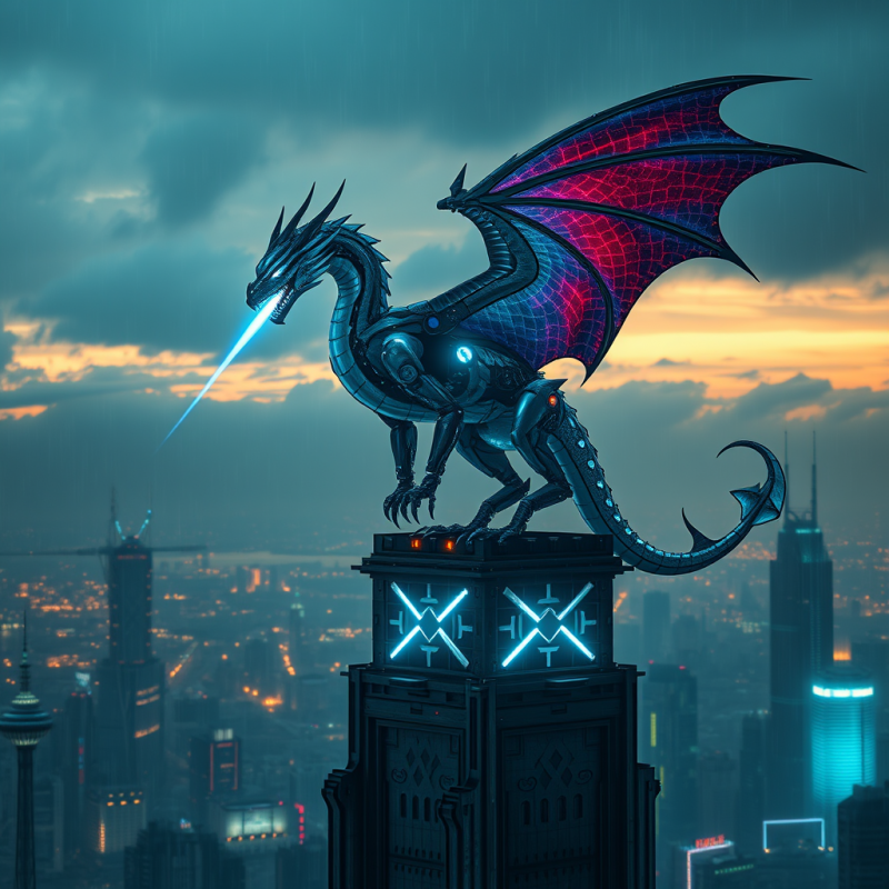 Cyber Dragon Roaring Over City