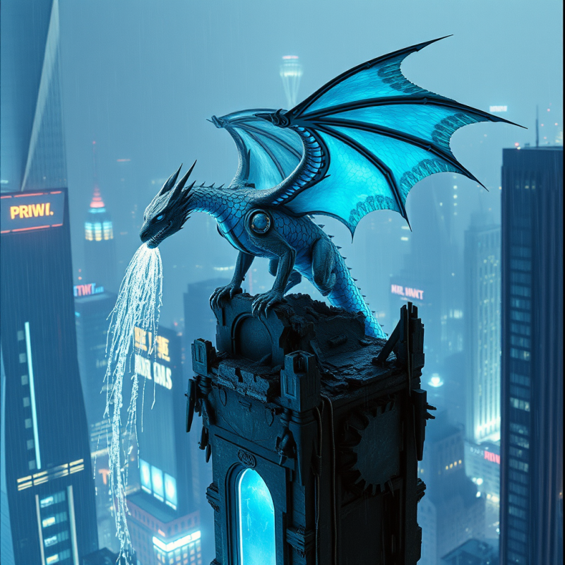 Blue Dragon Breathing Ice in City