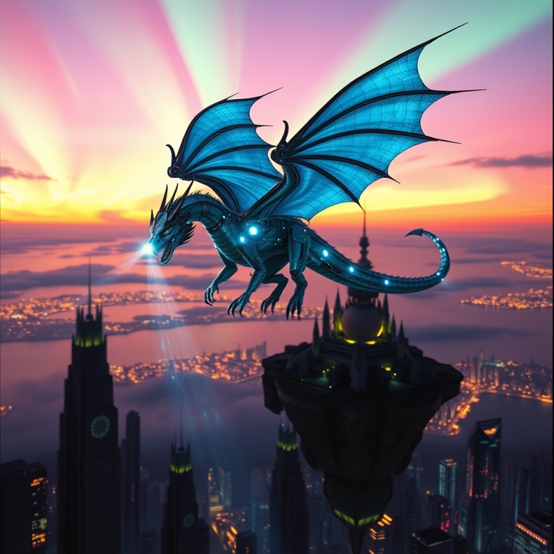 Glowing Blue Dragon Over Cityscape