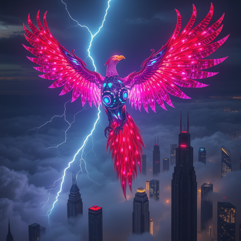 Cybernetic Phoenix with Glowing Wings