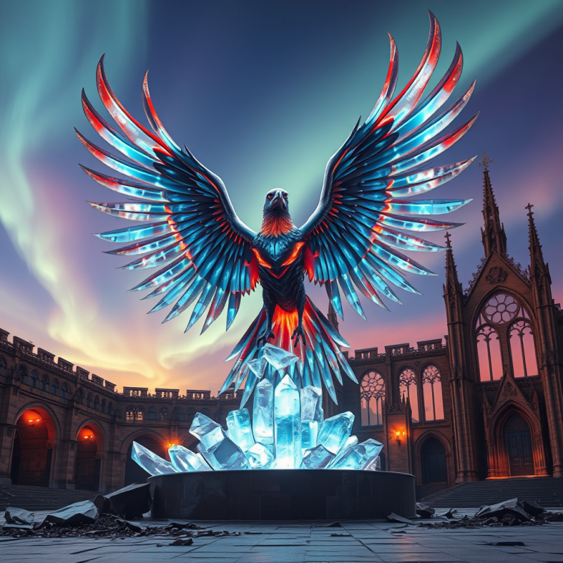 Glowing Phoenix Statue in Gothic Cathedral