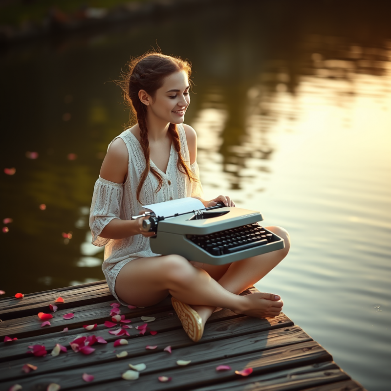 Woman Typing on Typewriter by Water