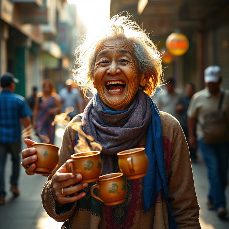Joyful Elderly Woman Holding Tea Cups