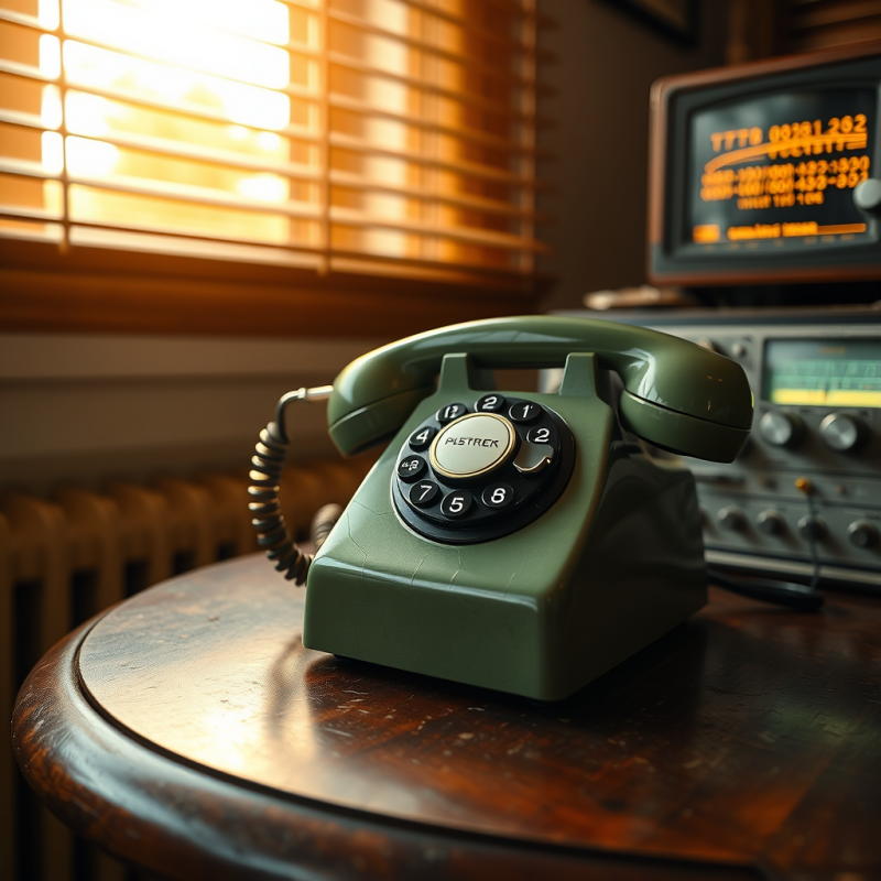 Vintage Green Rotary Phone on Wooden Table
