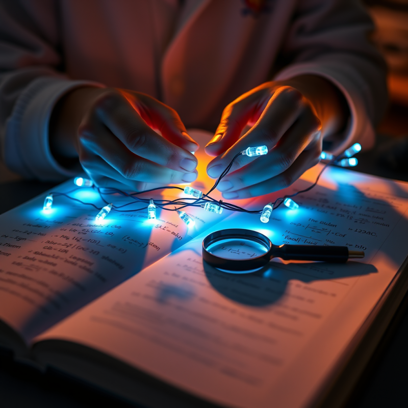 Hands Wiring Blue Lights Over Notes