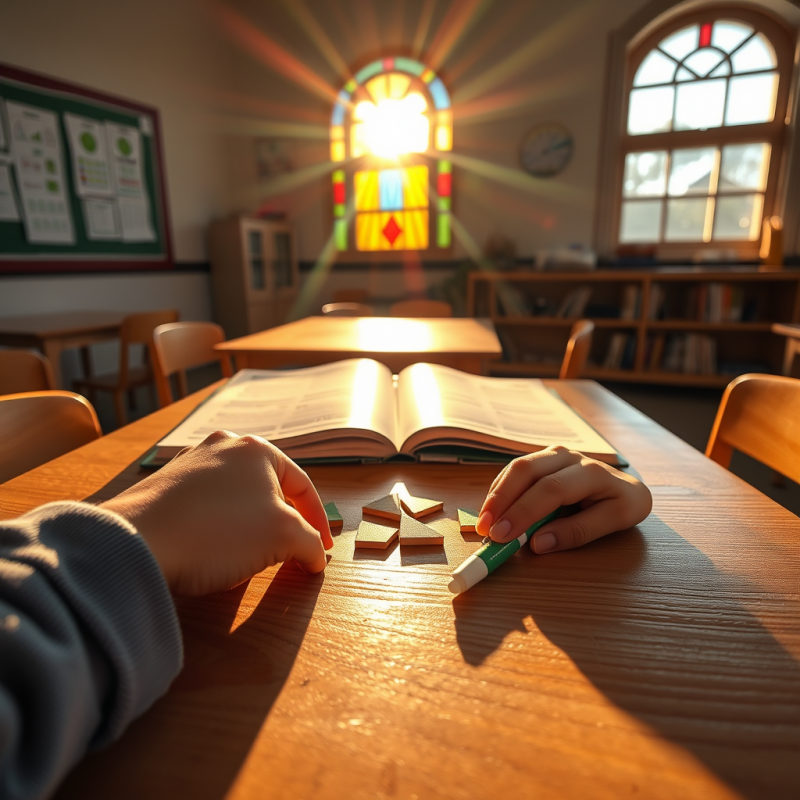 Student Solving Puzzle in Sunlit Classroom