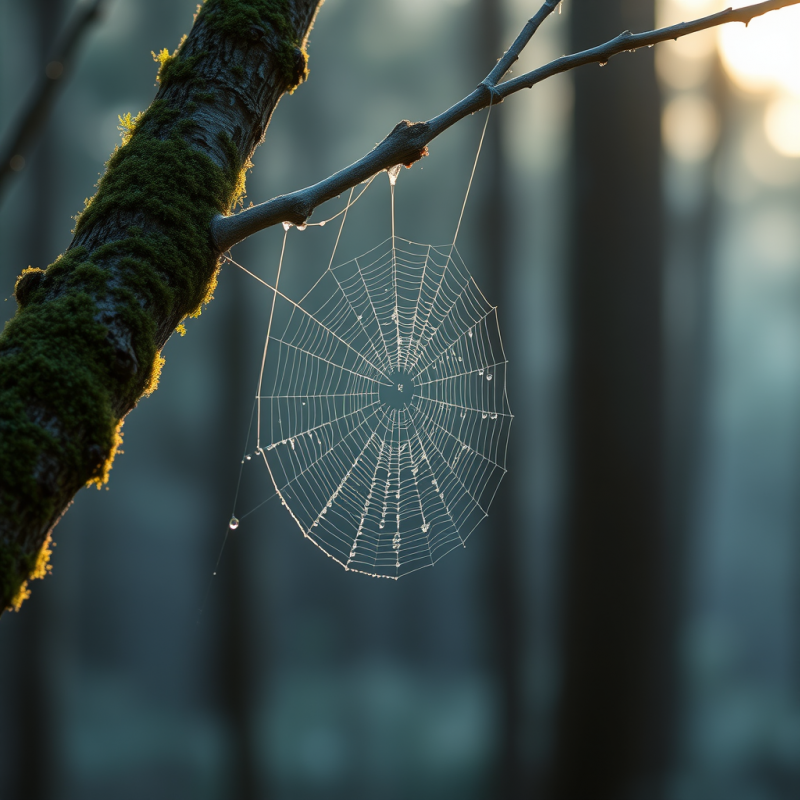 Spider Web with Dew Drops on Mossy Branch